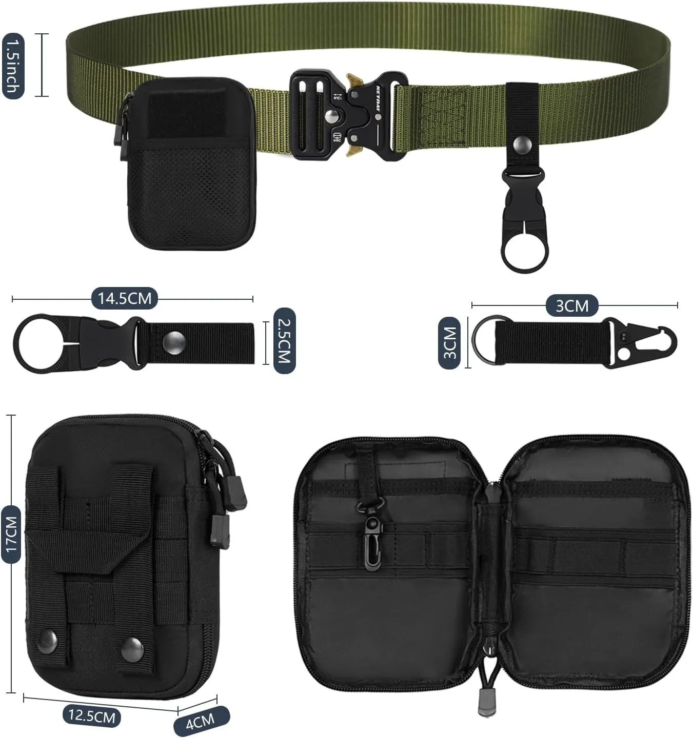 Tactical Belt, Military Belts For Men, Nickel Free Belt Men with Molle Pouch, Tactical Key Holder & Water Bottle Clip
