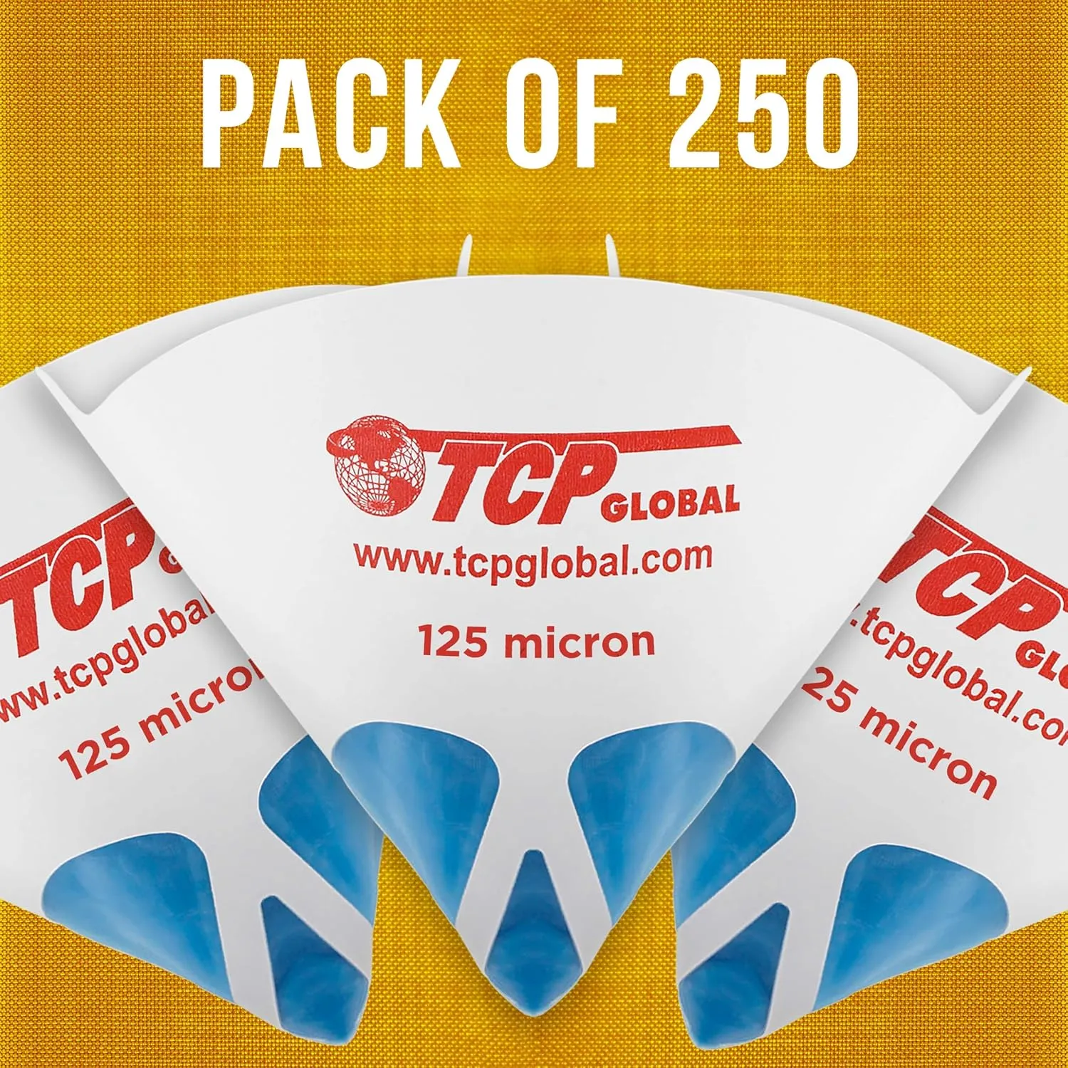 TCP Global - Pack of 250 - Paint Strainers with Ultra-Fine 125 Micron Filter Tips - Premium Pure Blue Ultra-Flow Blue Nylon Mesh - Cone Paint Filter Screen - Finely Strain Auto, Car, House Paint