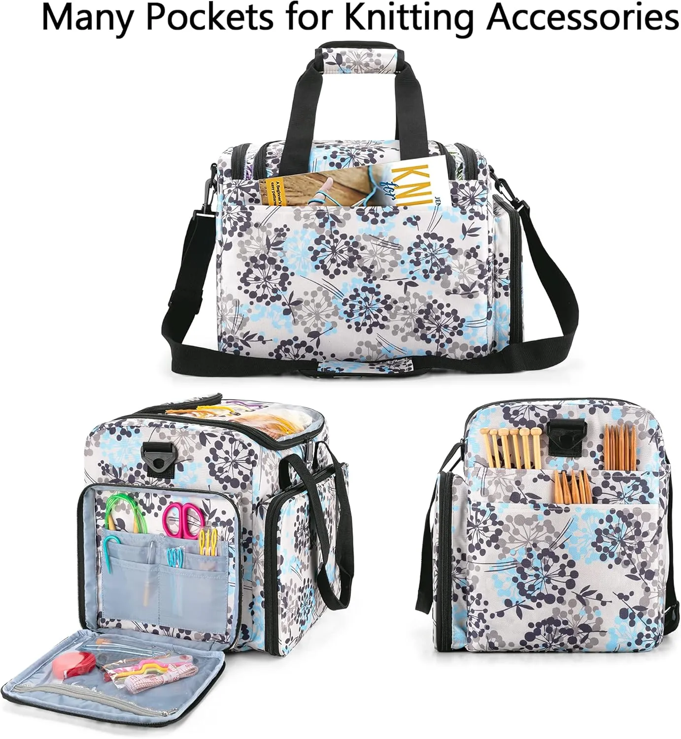 Teamoy Yarn Storage Bag, Travel Knitting Tote Bag with Foldable Inner Dividers for WIP, Yarn Skeins and Knitting Accessories, Dandelion