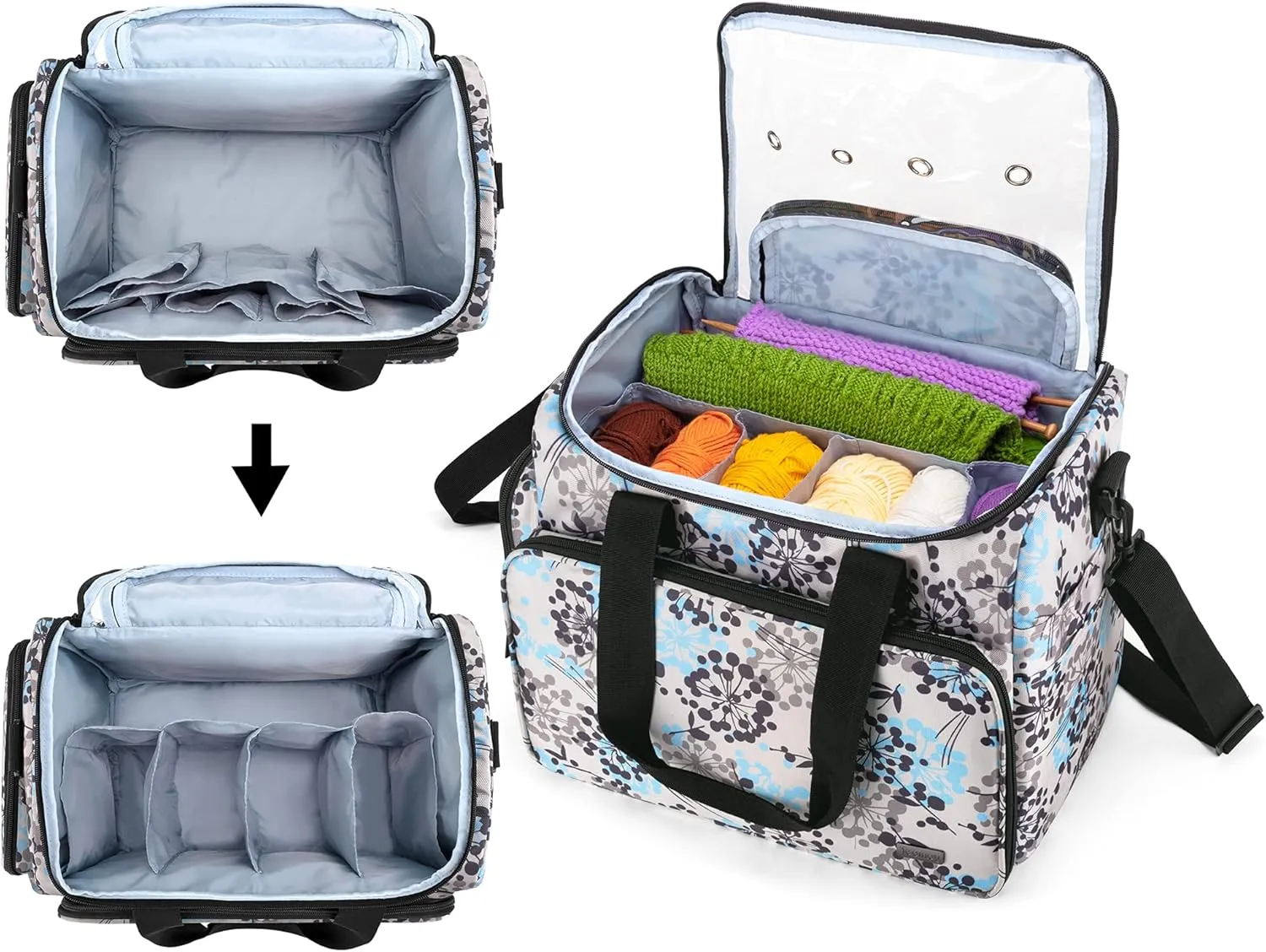 Teamoy Yarn Storage Bag, Travel Knitting Tote Bag with Foldable Inner Dividers for WIP, Yarn Skeins and Knitting Accessories, Dandelion