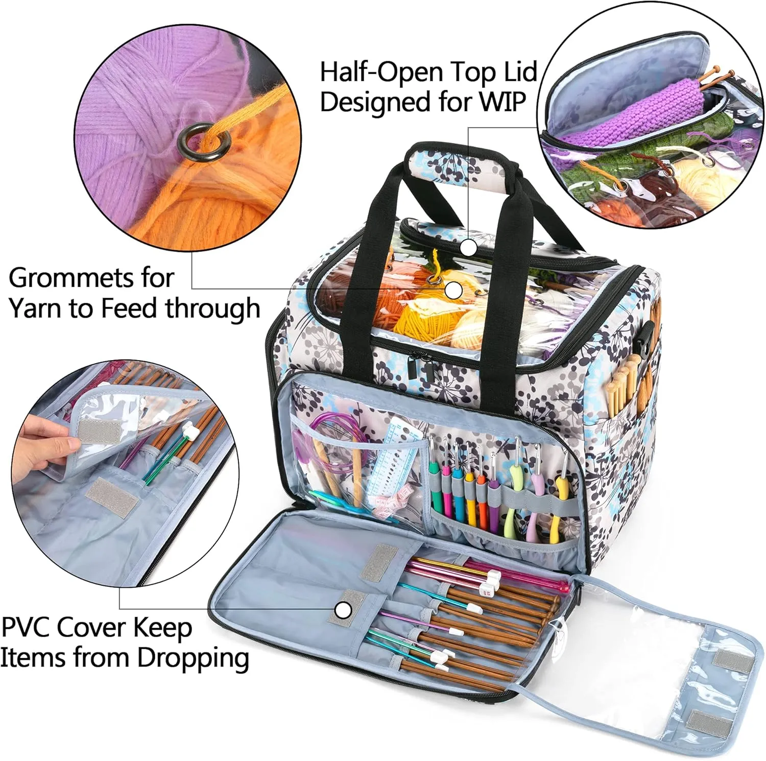 Teamoy Yarn Storage Bag, Travel Knitting Tote Bag with Foldable Inner Dividers for WIP, Yarn Skeins and Knitting Accessories, Dandelion