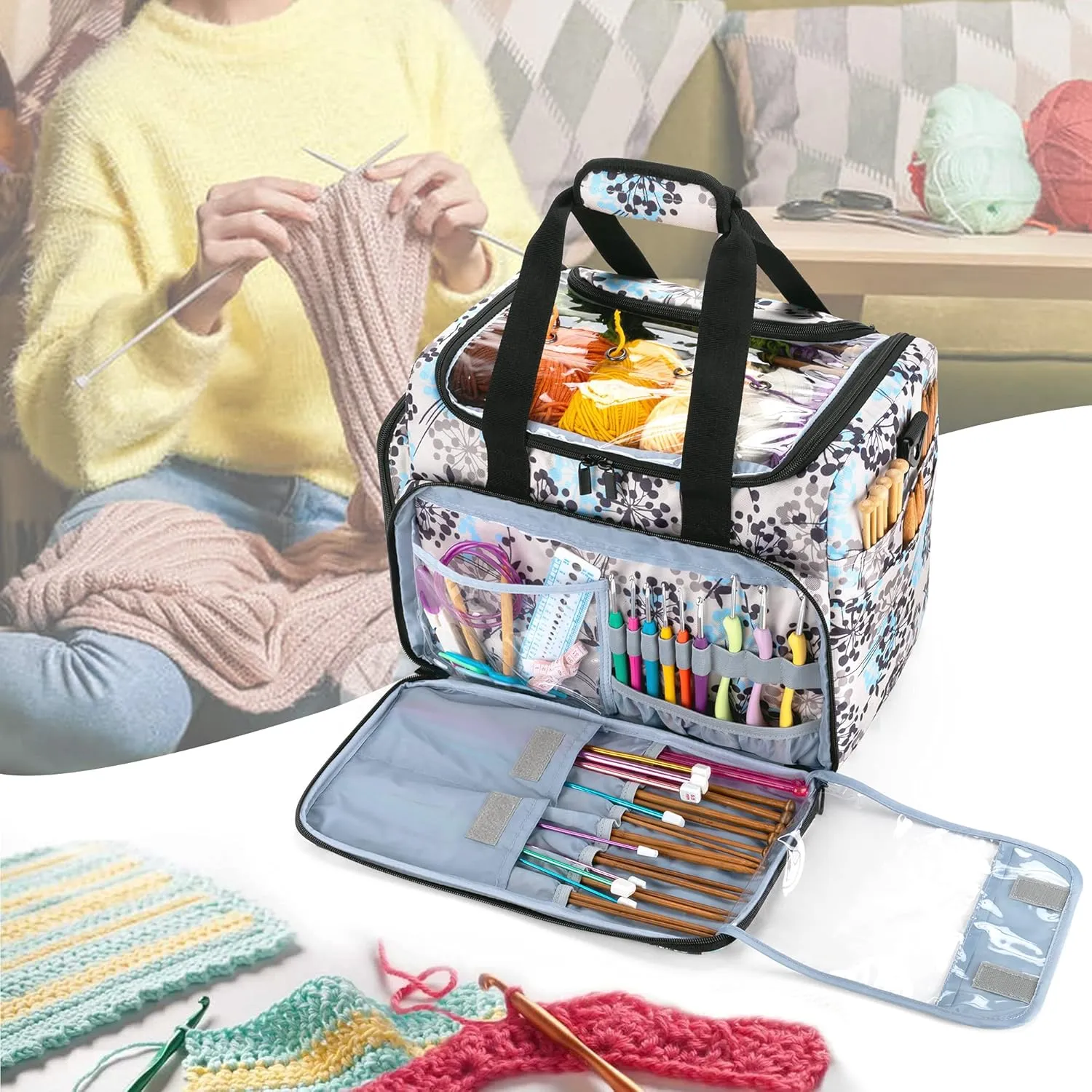 Teamoy Yarn Storage Bag, Travel Knitting Tote Bag with Foldable Inner Dividers for WIP, Yarn Skeins and Knitting Accessories, Dandelion