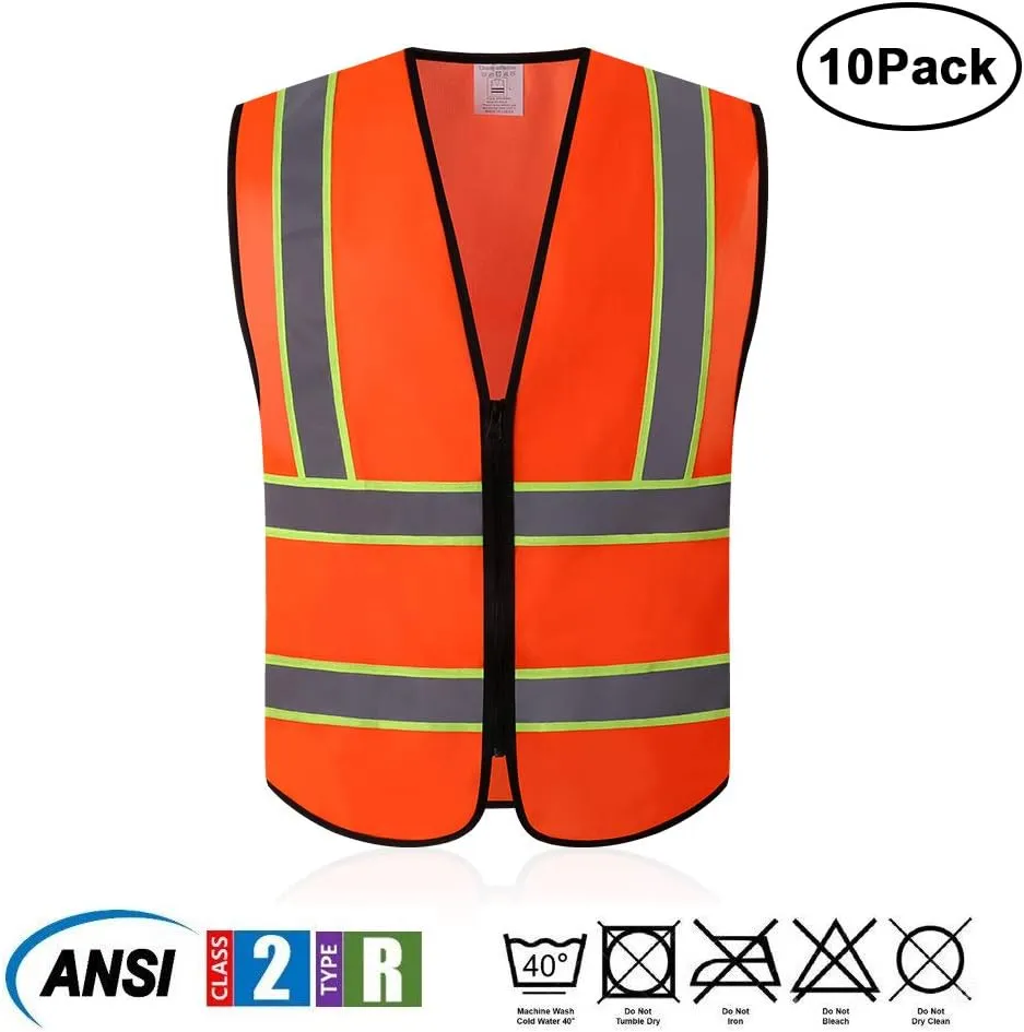 Tekware Safety Vest with High Reflective Strips, Pack of 10 Bright Neon Color Construction Protector with Zipper