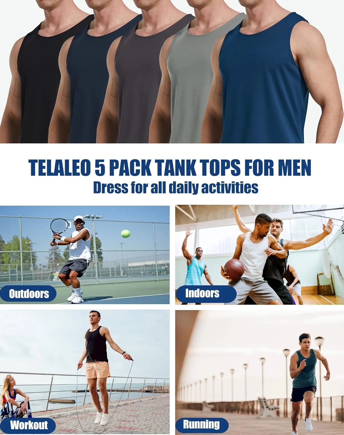 TELALEO 5 Pack Men's Workout Tank Tops Sleeveless Mesh Muscle Gym Shirt Quick Dry Black/Gray/Charcoal/Navy/Blue