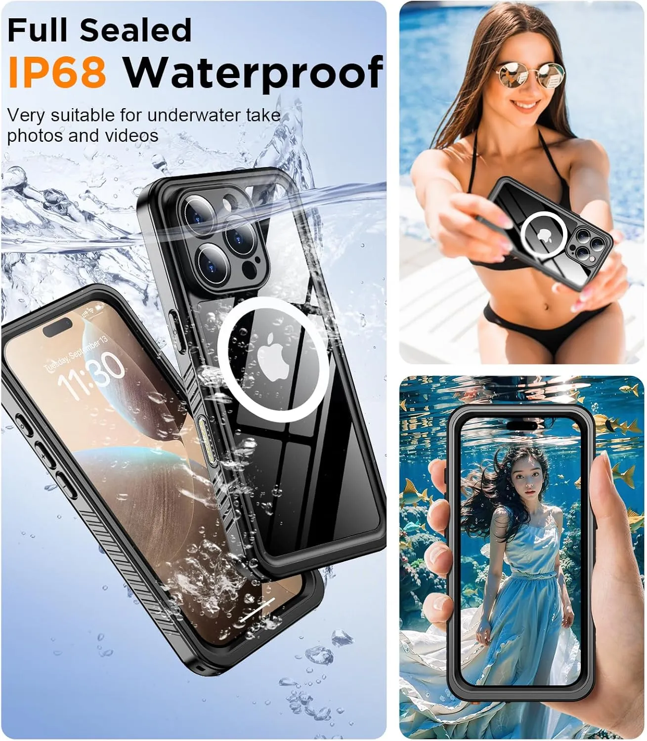 Temdan Magnetic for iPhone 16 Pro Max Case Waterproof,Built-in Screen Protector[IP68 Underwater][Upgrade Military Dropproof][Compatible with MagSafe] Full-Body Shockproof Translucent Case 6.9''-Black