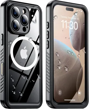 Temdan Magnetic for iPhone 16 Pro Max Case Waterproof,Built-in Screen Protector[IP68 Underwater][Upgrade Military Dropproof][Compatible with MagSafe] Full-Body Shockproof Translucent Case 6.9''-Black