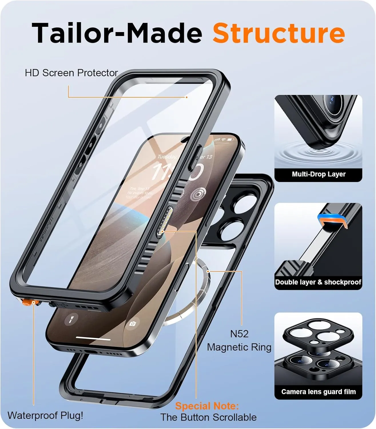 Temdan Magnetic for iPhone 16 Pro Max Case Waterproof,Built-in Screen Protector[IP68 Underwater][Upgrade Military Dropproof][Compatible with MagSafe] Full-Body Shockproof Translucent Case 6.9''-Black