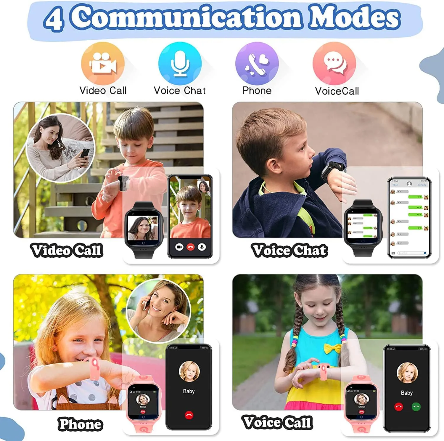 TEZILON 4G GPS Smart Watch Waterproof Phone Video Call SOS Emergency Alarm Voice Message Camera GPS Tracker Watch Real-Time Tracking Geo-Fence Touch Screen Pedometer Anti-Lost Gift Pink