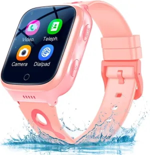 TEZILON 4G GPS Smart Watch Waterproof Phone Video Call SOS Emergency Alarm Voice Message Camera GPS Tracker Watch Real-Time Tracking Geo-Fence Touch Screen Pedometer Anti-Lost Gift Pink