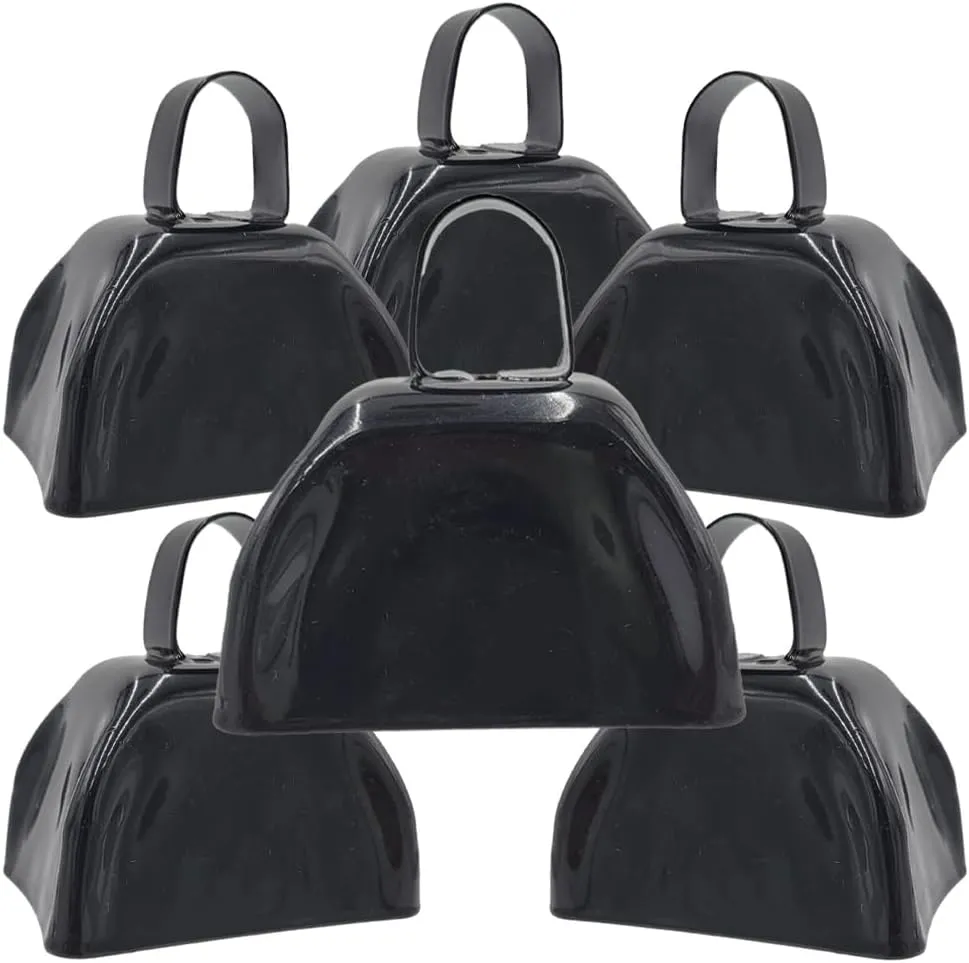 The Dreidel Company Metal Cowbell Noisemaker Cheering Bell, New Years, School Classroom, Wedding Bells & Chimes Percussion Musical Instruments Call Bell Alarm, 3" (Black, 6-Pack)