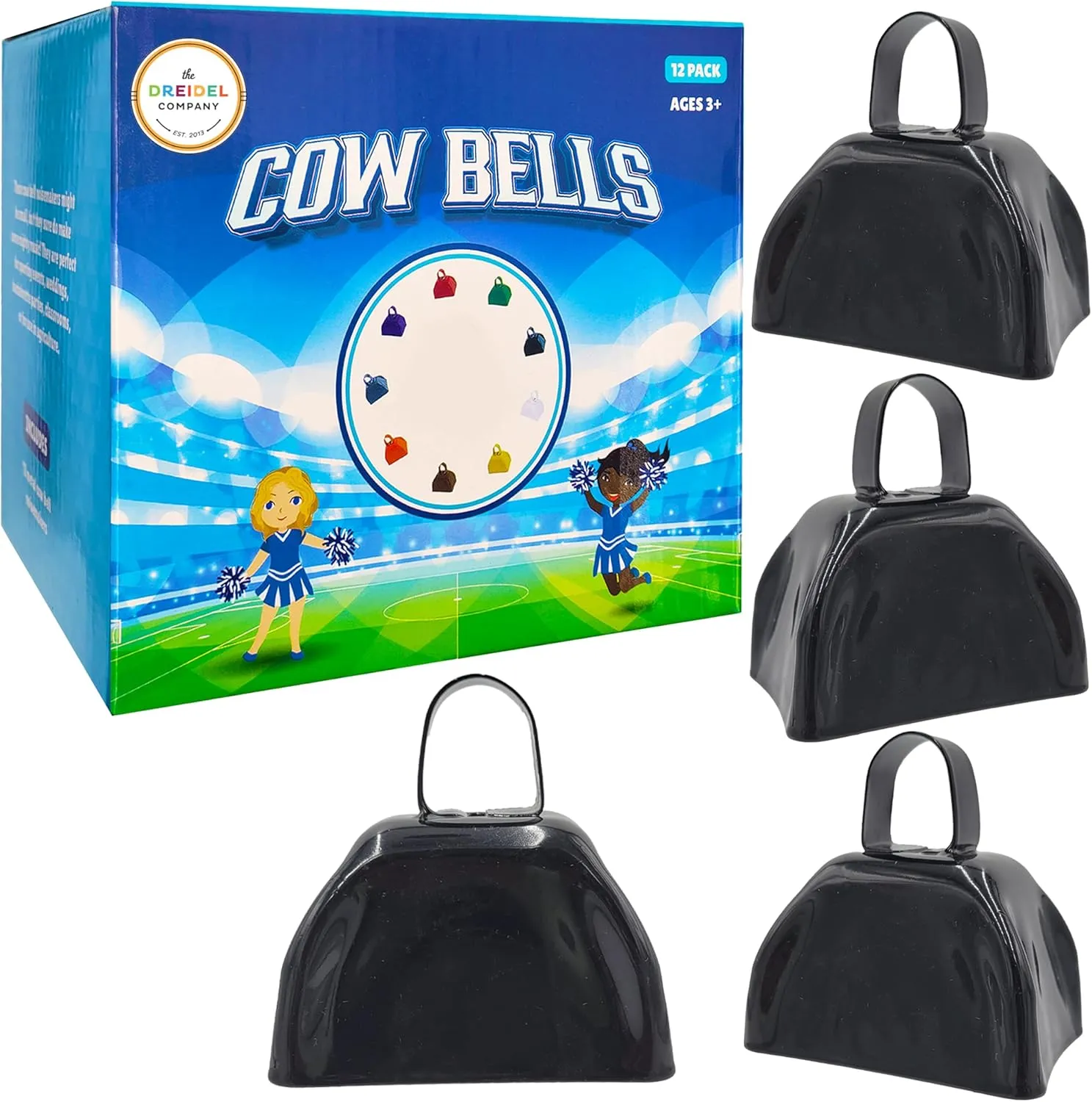 The Dreidel Company Metal Cowbell Noisemaker Cheering Bell, New Years, School Classroom, Wedding Bells & Chimes Percussion Musical Instruments Call Bell Alarm, 3" (Black, 6-Pack)