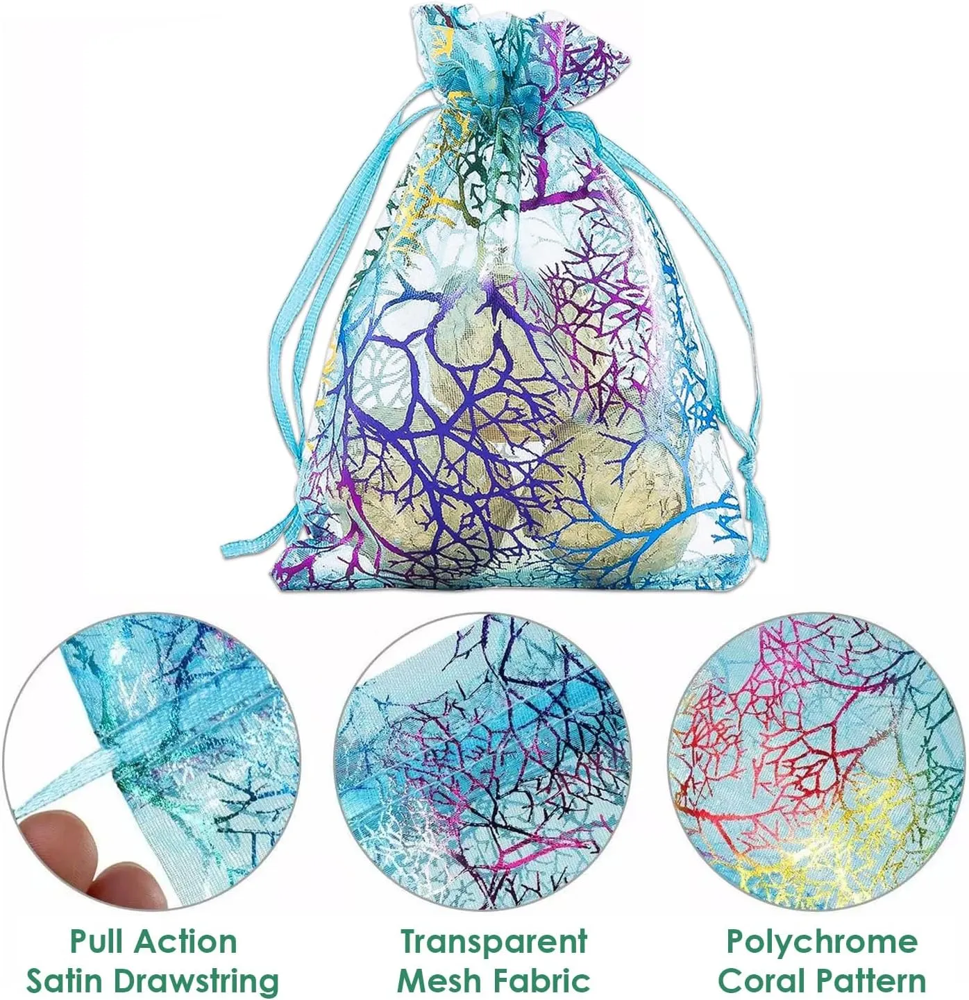 TheDisplayGuys 100-Pack 4" x 6" Coral-Lines Sheer Organza Gift Bags w. Drawstring - Blue - for Jewelry, Candy, Treats, Wedding Favors Mesh Pouches