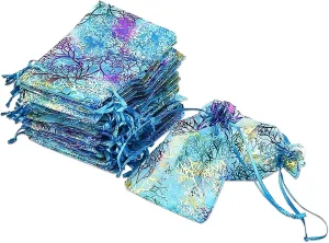 TheDisplayGuys 100-Pack 4" x 6" Coral-Lines Sheer Organza Gift Bags w. Drawstring - Blue - for Jewelry, Candy, Treats, Wedding Favors Mesh Pouches