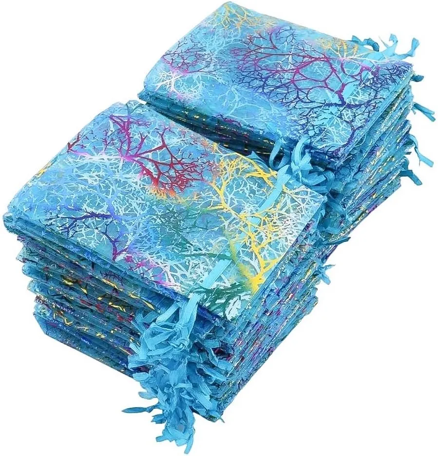 TheDisplayGuys 100-Pack 4" x 6" Coral-Lines Sheer Organza Gift Bags w. Drawstring - Blue - for Jewelry, Candy, Treats, Wedding Favors Mesh Pouches