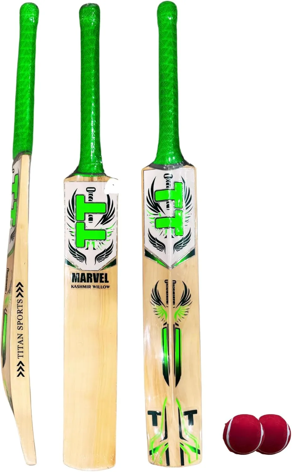 Titan Premium Kashmir Willow Marvel Cricket Bat, Premium Handcraft Design, Rubber Grip, Concave Back Profile, Short Handle- Kashmir Willow Cricket Bat - Free 2 Heavy Tennis Balls