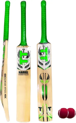 Titan Premium Kashmir Willow Marvel Cricket Bat, Premium Handcraft Design, Rubber Grip, Concave Back Profile, Short Handle- Kashmir Willow Cricket Bat - Free 2 Heavy Tennis Balls