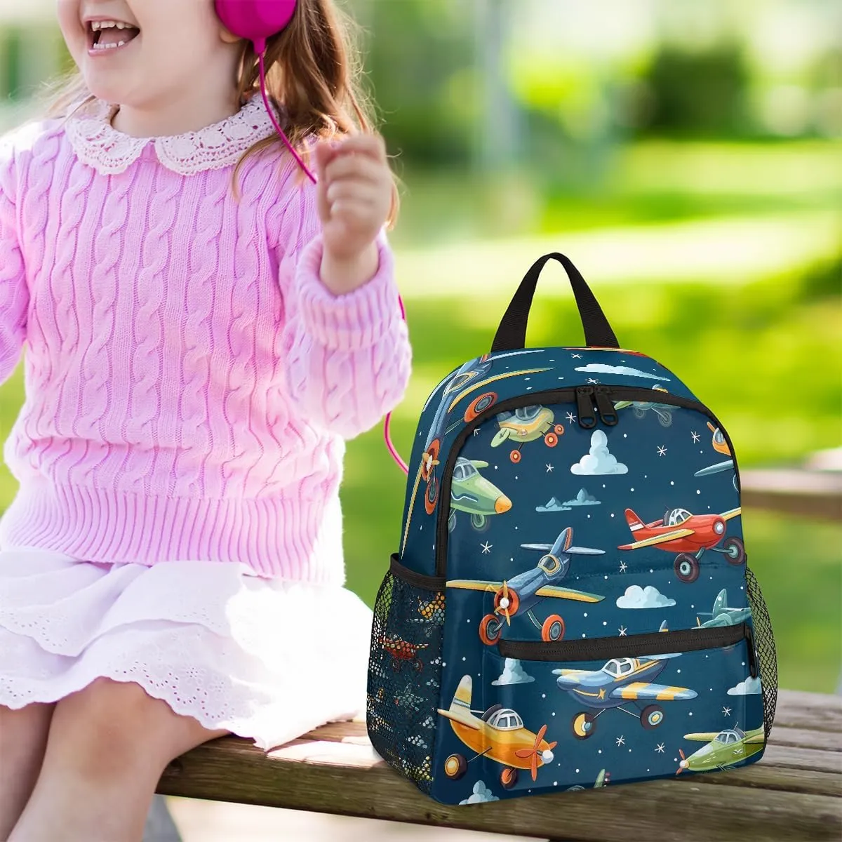 Toddler Backpack Cartoon Airplanes Kindergarden Kids Bacpack for Boys Girls Helicopter Nave Blue Preschool Bag Lightweight Small Travel Rucksack Bag with Bottle Holder