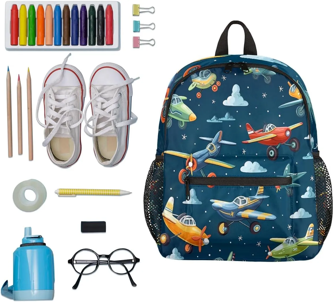 Toddler Backpack Cartoon Airplanes Kindergarden Kids Bacpack for Boys Girls Helicopter Nave Blue Preschool Bag Lightweight Small Travel Rucksack Bag with Bottle Holder
