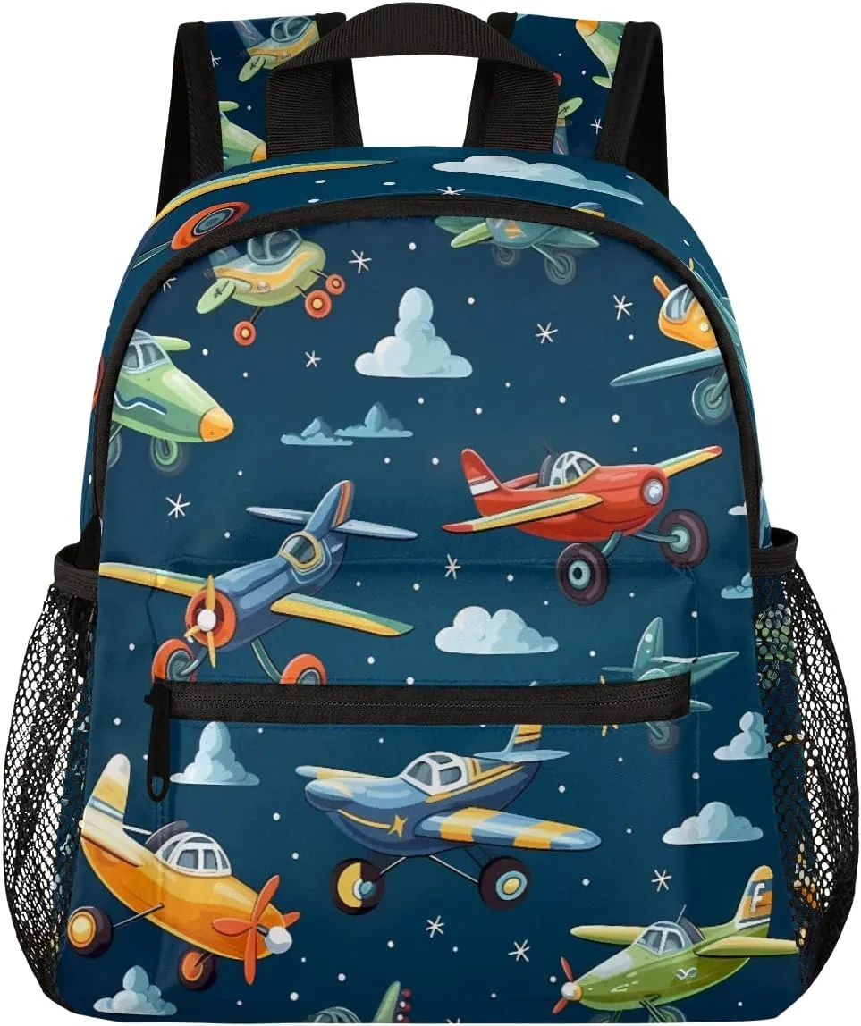 Toddler Backpack Cartoon Airplanes Kindergarden Kids Bacpack for Boys Girls Helicopter Nave Blue Preschool Bag Lightweight Small Travel Rucksack Bag with Bottle Holder