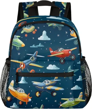 Toddler Backpack Cartoon Airplanes Kindergarden Kids Bacpack for Boys Girls Helicopter Nave Blue Preschool Bag Lightweight Small Travel Rucksack Bag with Bottle Holder