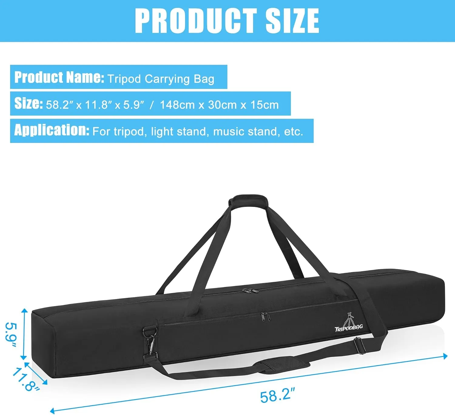 TORIBIO 58" Multifunctional Tripod Bag,Heavy Duty Tripod Carrying Case, Tripod Case for Music Stand,Mic Stand, Speakers Stand, Tripods, Lights, Boom Stand, Cameras, Monopods Stand​