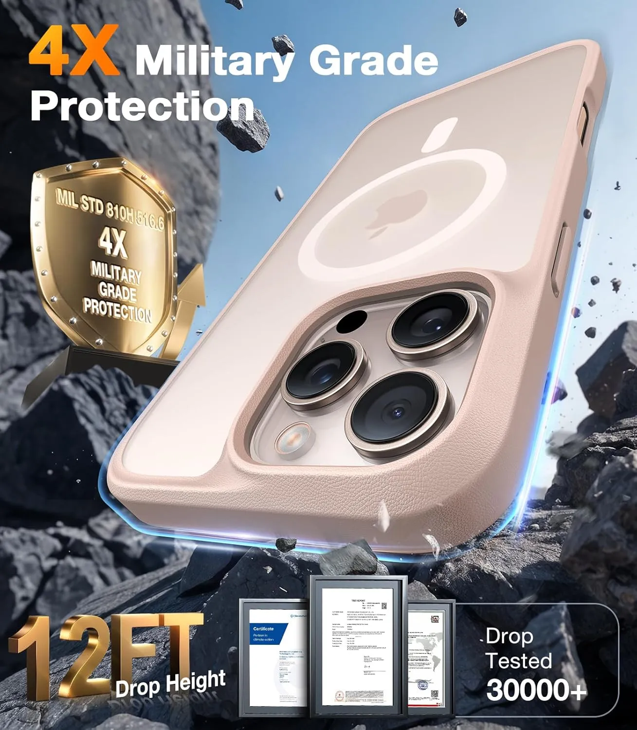 TORRAS Stronger Magnetic & Shockproof for iPhone 16 Pro Case, Military Grade Drop Protection, Compatible with MagSafe, Case for iPhone 16 Pro Slim, Translucent Matte White Back/Desert Titanium Edge