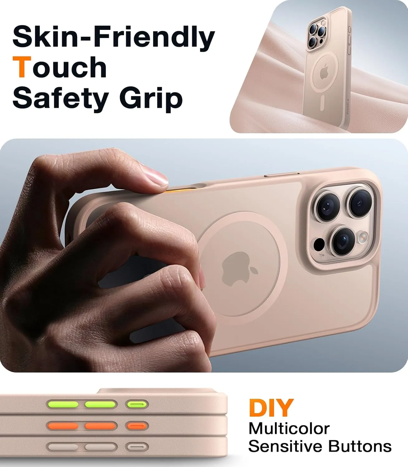 TORRAS Stronger Magnetic & Shockproof for iPhone 16 Pro Case, Military Grade Drop Protection, Compatible with MagSafe, Case for iPhone 16 Pro Slim, Translucent Matte White Back/Desert Titanium Edge
