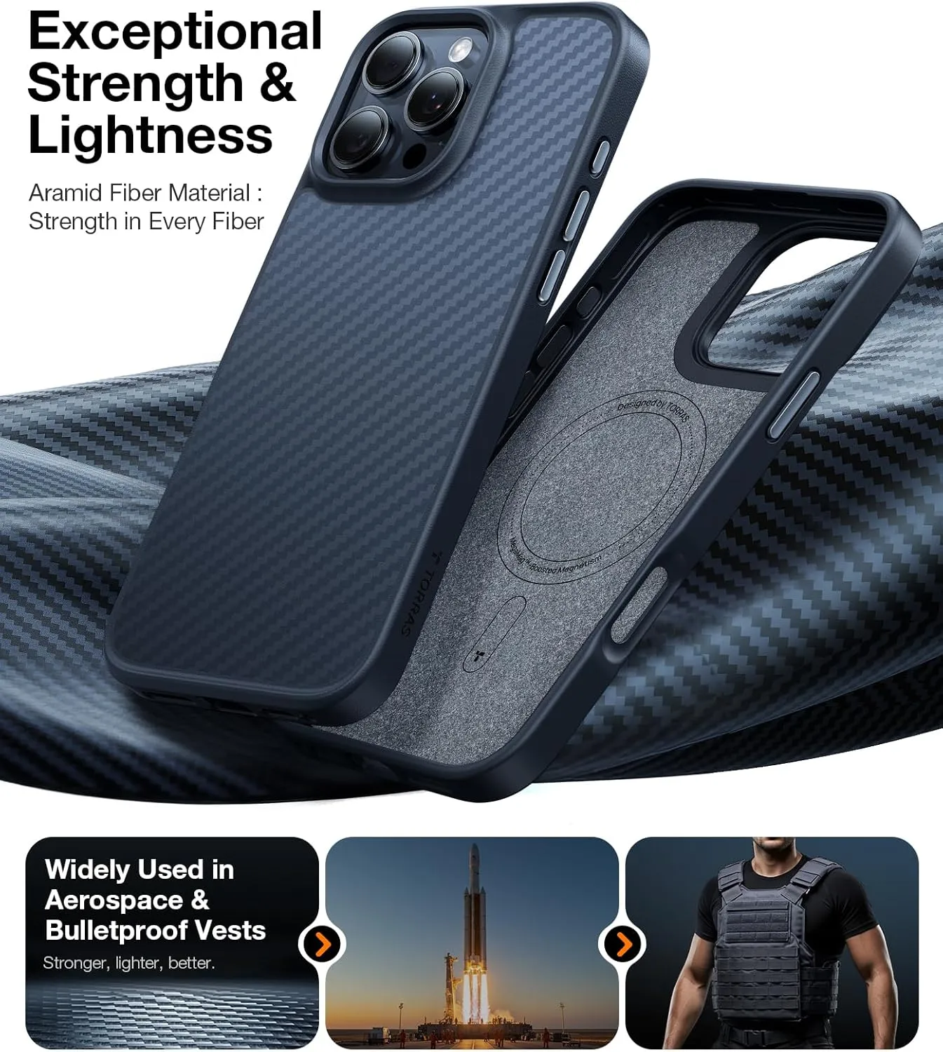 TORRAS Upgraded Stronger Magnetic & Shockproof for iPhone 16 Pro Case, Military Grade Drop Protection, Compatible with MagSafe, for iPhone 16 Pro Case Slim Anti-Scratch, Aramid Fiber Back/Black Edge