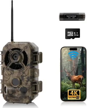 Trail Camera WiFi 4K 48MP with Night Vision IP66 Waterproof 0.1s Trigger Speed and Bundled with 32GB Memory Card, Card Reader. Game Cam for Wildlife Monitoring, Hunting, and Outdoor Security