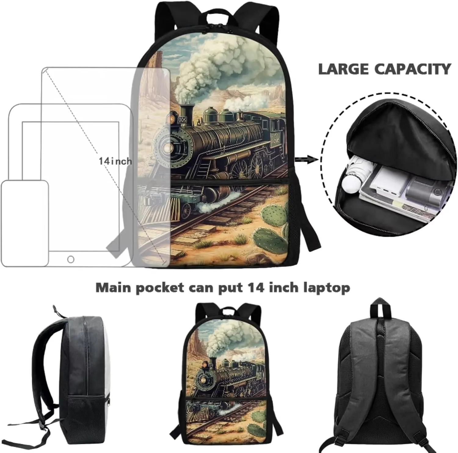 Train Backpack and Lunchbox and Pencil Case Water Bottle Holder 17 Inches Back to Elementary School Bag with Lunch Bag Set Kids Ages 6-8 Bookbag/Lunch Box for 2nd 1st Grade