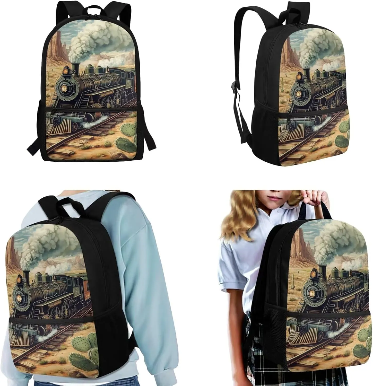 Train Backpack and Lunchbox and Pencil Case Water Bottle Holder 17 Inches Back to Elementary School Bag with Lunch Bag Set Kids Ages 6-8 Bookbag/Lunch Box for 2nd 1st Grade