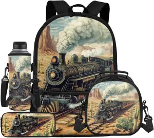 Train Backpack and Lunchbox and Pencil Case Water Bottle Holder 17 Inches Back to Elementary School Bag with Lunch Bag Set Kids Ages 6-8 Bookbag/Lunch Box for 2nd 1st Grade
