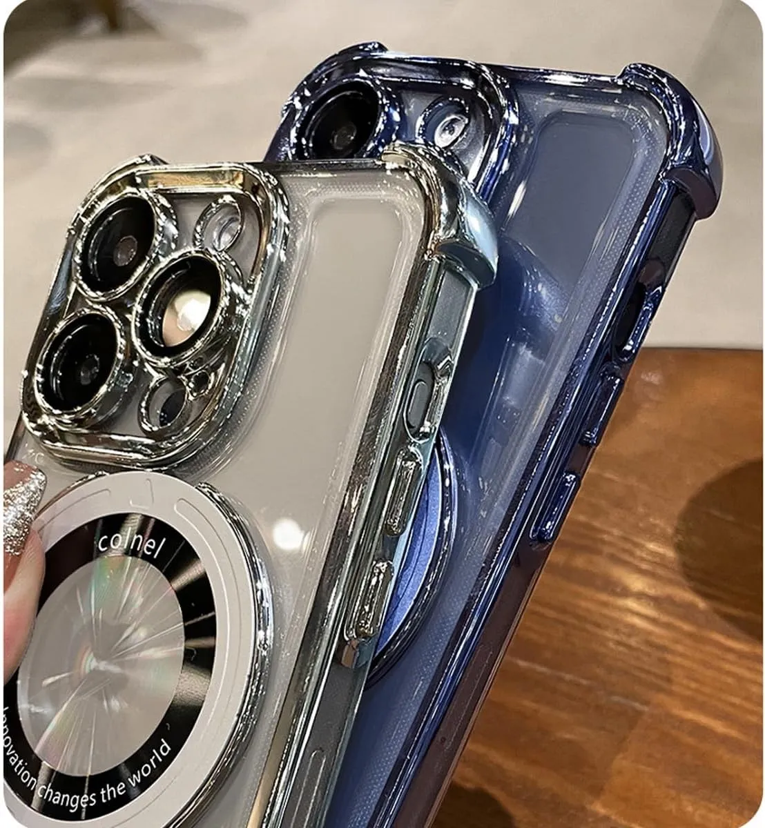 Translucent Electroplated Magnetic Anti Drop Airbag iPhone Case with Invisible Ring Holder Compatible iPhone 15 Pro Max Four Corners Shockproof(Green)