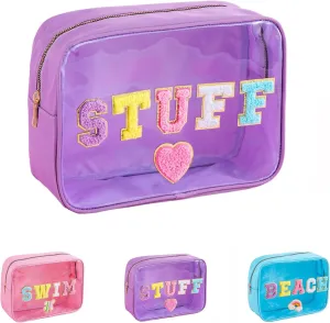 Transparent PVC Cosmetic Bag with STUFF Chenille Letters - Waterproof Large Capacity See-Through Organizer for Beach, Pool & Travel, Trendy Swim Essentials for Women Teen Girls(Purple-STUFF)