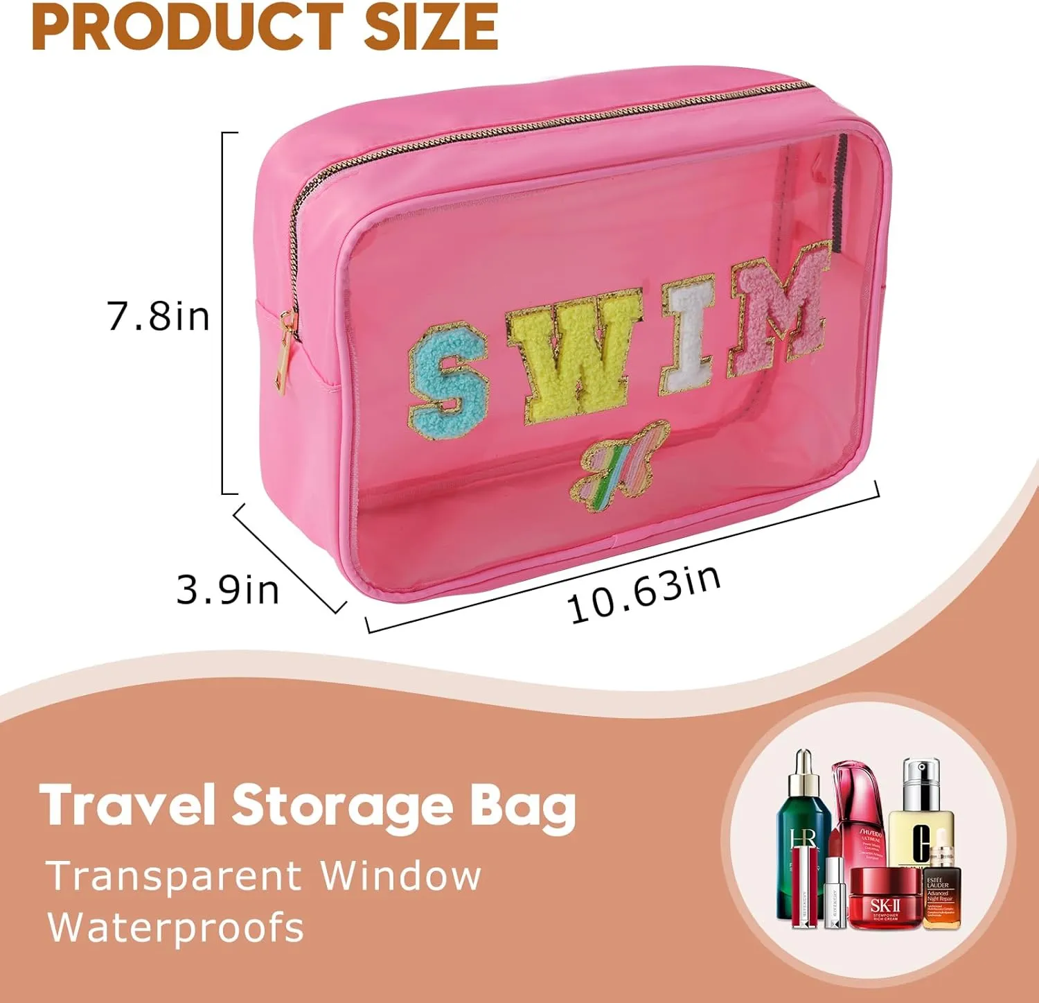 Transparent PVC Cosmetic Bag with STUFF Chenille Letters - Waterproof Large Capacity See-Through Organizer for Beach, Pool & Travel, Trendy Swim Essentials for Women Teen Girls(Purple-STUFF)