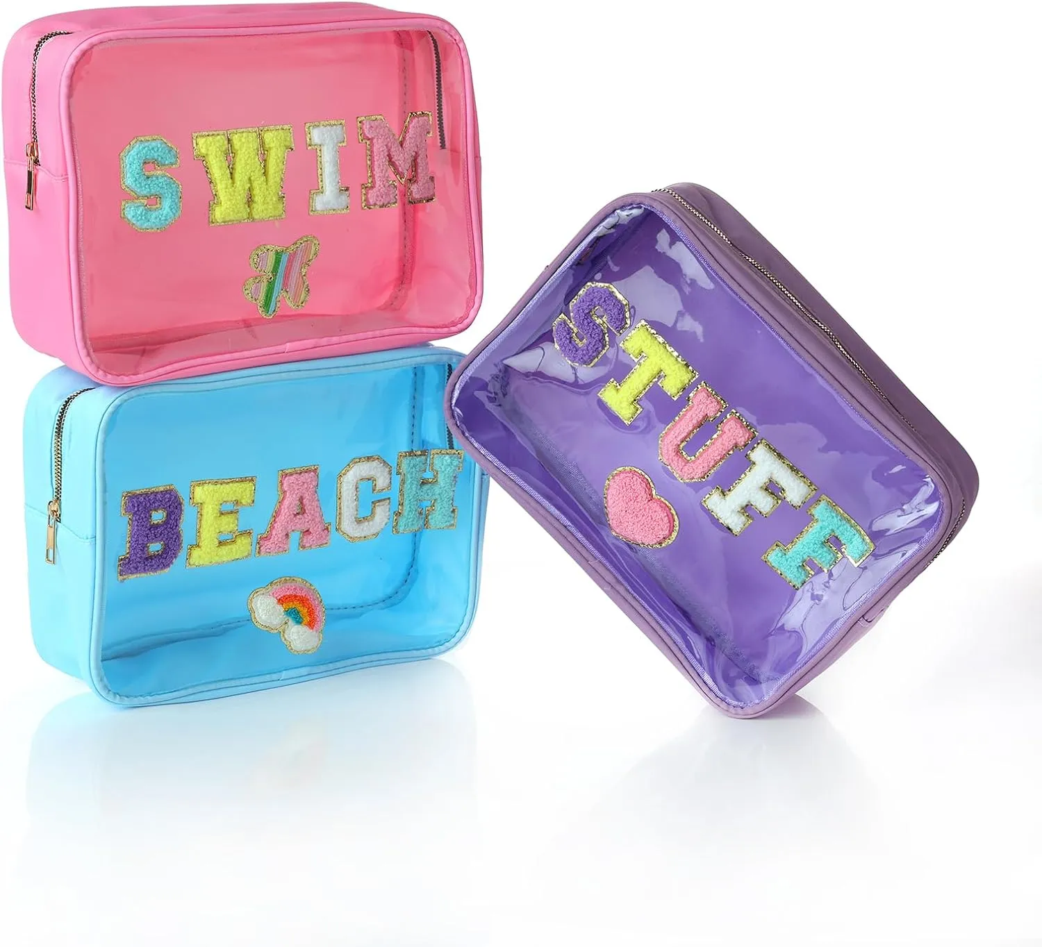 Transparent PVC Cosmetic Bag with STUFF Chenille Letters - Waterproof Large Capacity See-Through Organizer for Beach, Pool & Travel, Trendy Swim Essentials for Women Teen Girls(Purple-STUFF)