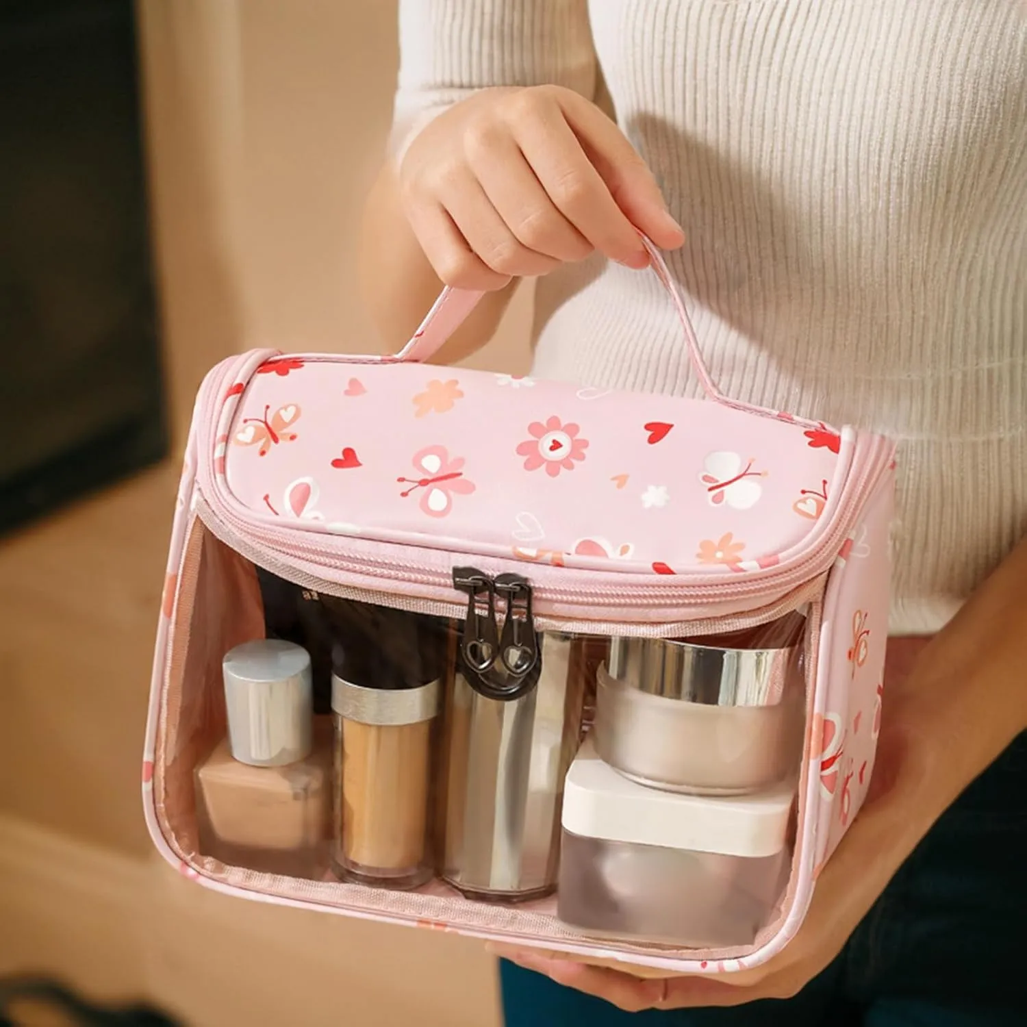Travel Makeup Bag, Large Capacity Cosmetic Bags for Women, Waterproof Portable Pouch Open Flat Toiletry Bag Make up Organizer for Travel Essentials, Valentines Day Gifts for Women Mom (B, Pink)