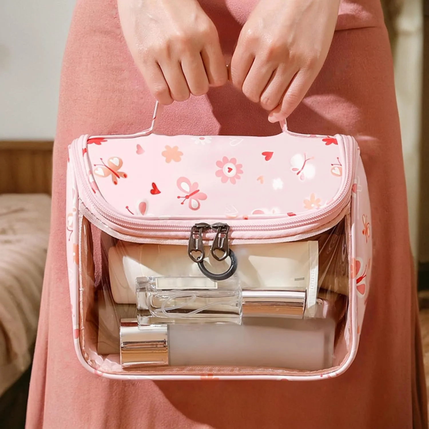 Travel Makeup Bag, Large Capacity Cosmetic Bags for Women, Waterproof Portable Pouch Open Flat Toiletry Bag Make up Organizer for Travel Essentials, Valentines Day Gifts for Women Mom (B, Pink)