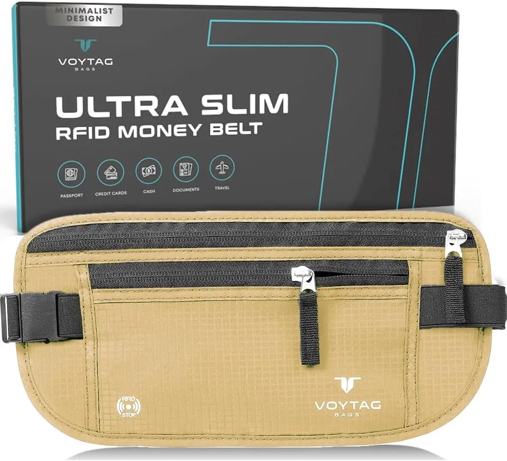 Travel Money Belt & Passport Holder - RFID Blocking Slim Travel Wallet & Fanny Pack for Men and Women - Essential Travel Pouch for Cash, Credit Cards, and Documents (Beige)