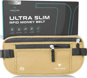 Travel Money Belt & Passport Holder - RFID Blocking Slim Travel Wallet & Fanny Pack for Men and Women - Essential Travel Pouch for Cash, Credit Cards, and Documents (Beige)