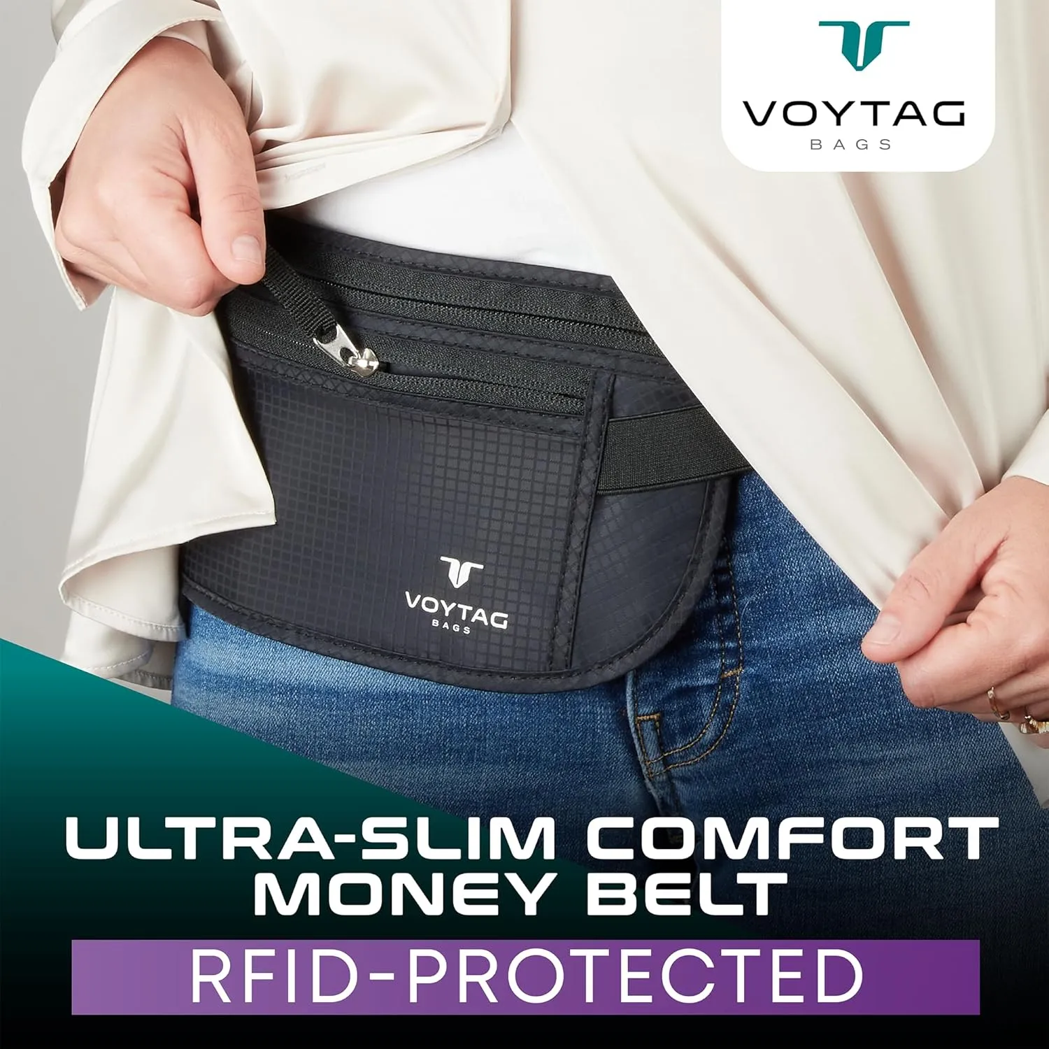 Travel Money Belt & Passport Holder - RFID Blocking Slim Travel Wallet & Fanny Pack for Men and Women - Essential Travel Pouch for Cash, Credit Cards, and Documents (Beige)