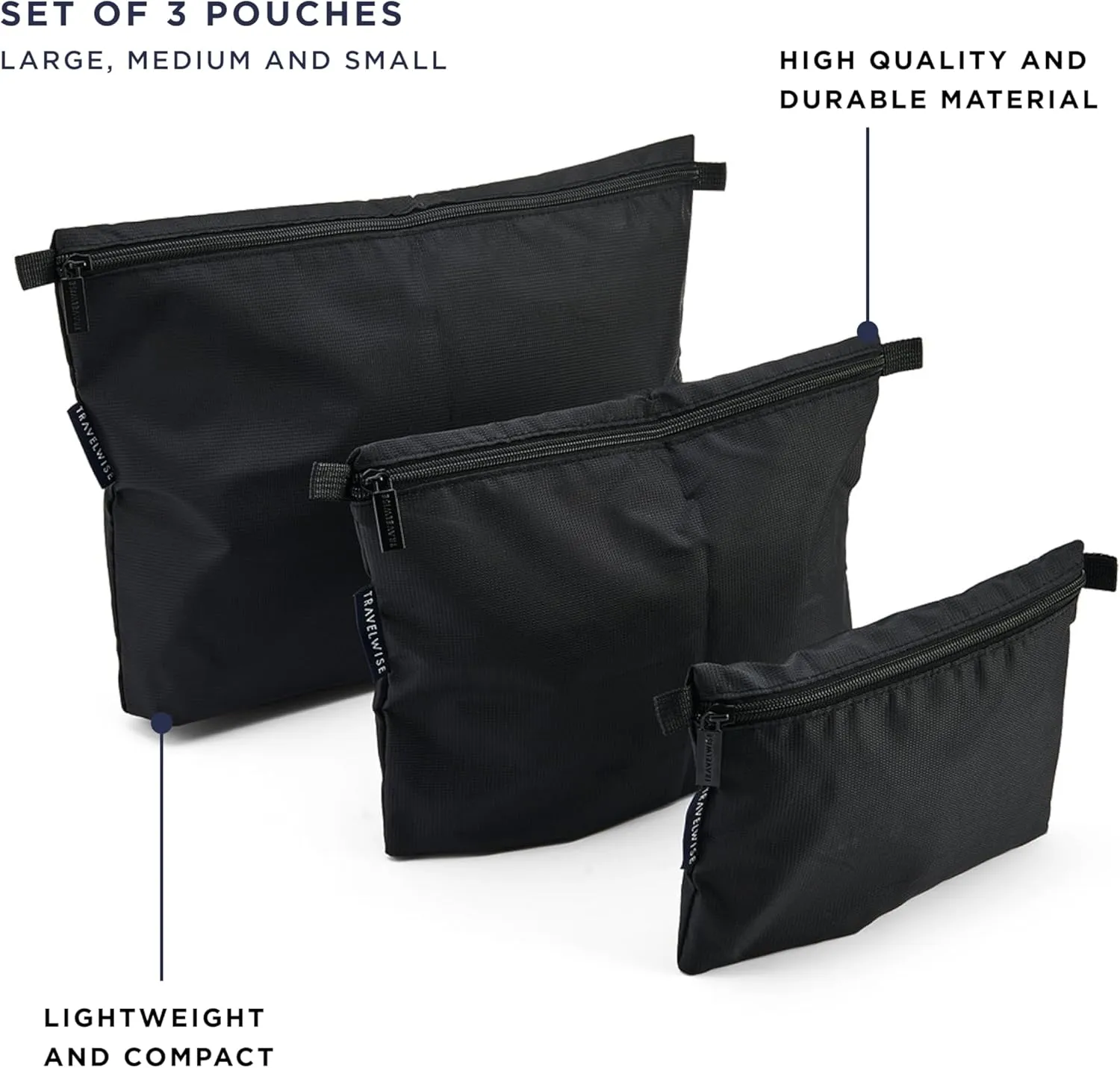 TravelWise 3 Piece Pouch Set, Luggage and Travel Organizers, Zipper Travel Bags, Black