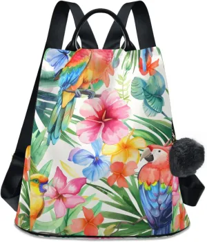 Tropical Parrots Flowers Backpack for Women Anti Theft Large Fashion Travel Shoulder Bag Purse Rucksack Lightweight