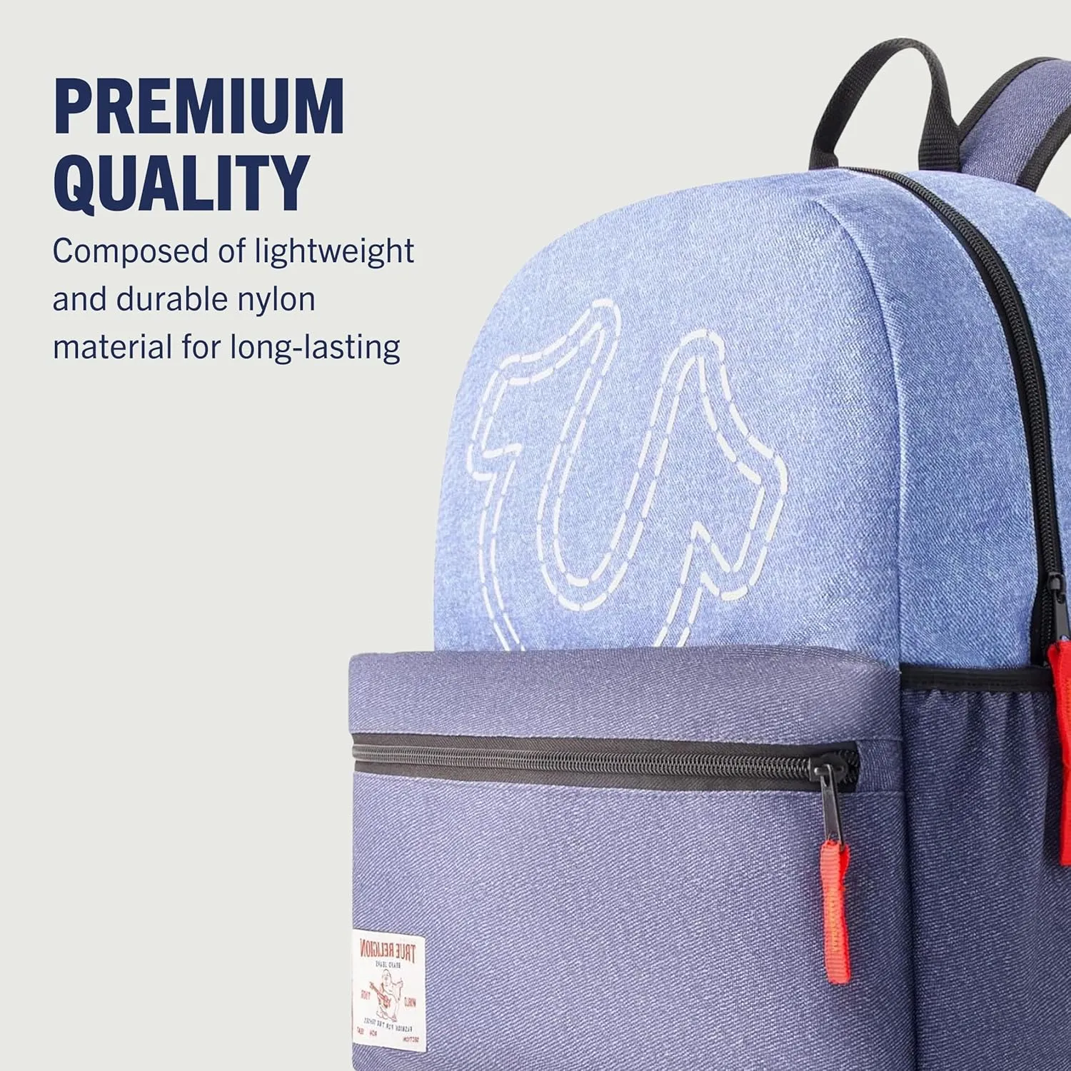 True Religion Mini Laptop Backpack, Rainbow Horseshoe Logo Small Computer Travel Bag Purse, Adjustable Shoulder Straps, Blue, 16 Inch