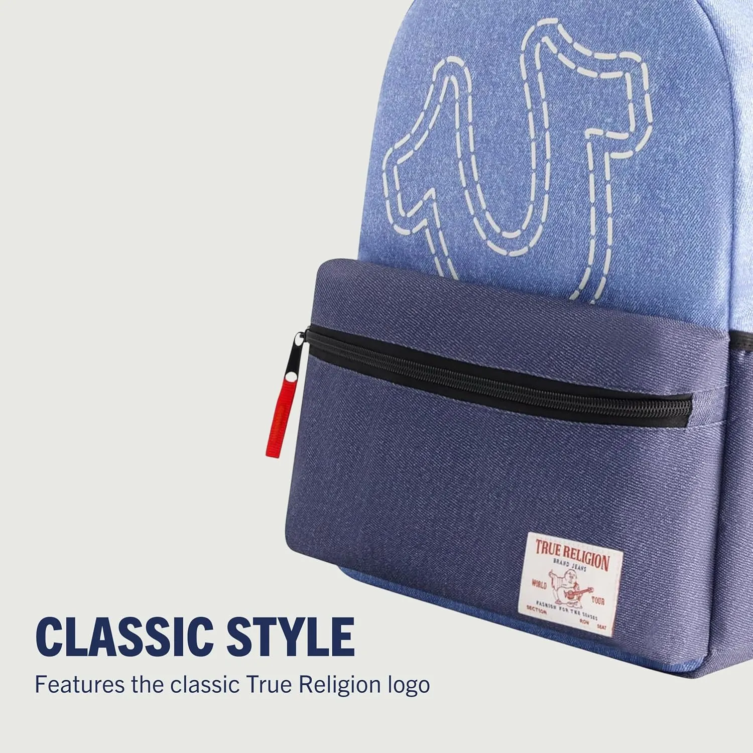 True Religion Mini Laptop Backpack, Rainbow Horseshoe Logo Small Computer Travel Bag Purse, Adjustable Shoulder Straps, Blue, 16 Inch
