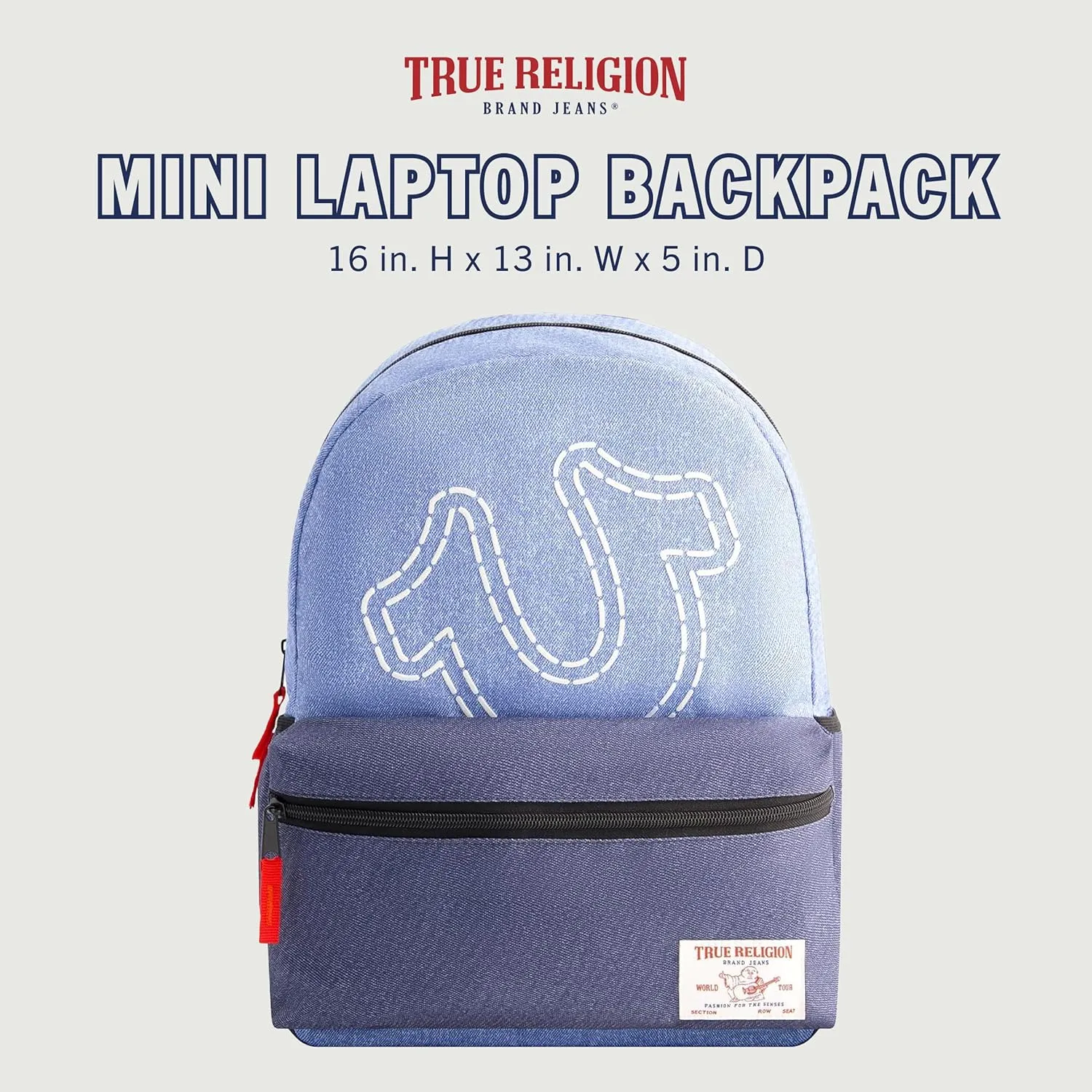 True Religion Mini Laptop Backpack, Rainbow Horseshoe Logo Small Computer Travel Bag Purse, Adjustable Shoulder Straps, Blue, 16 Inch