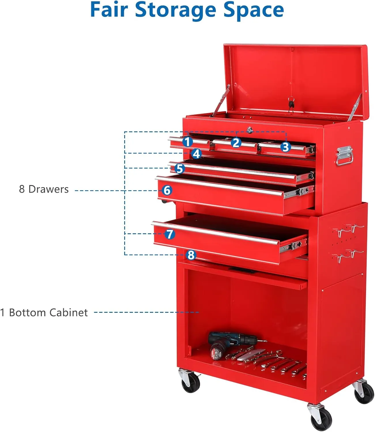 TUFFIOM 8-Drawer Rolling Tool Chest, Tool Storage Cabinet w/Lockable Wheels, Detachable Top, Drawers & Side Hooks, Mechanic Tool Organizer Box for Garage Warehouse Repair Shop