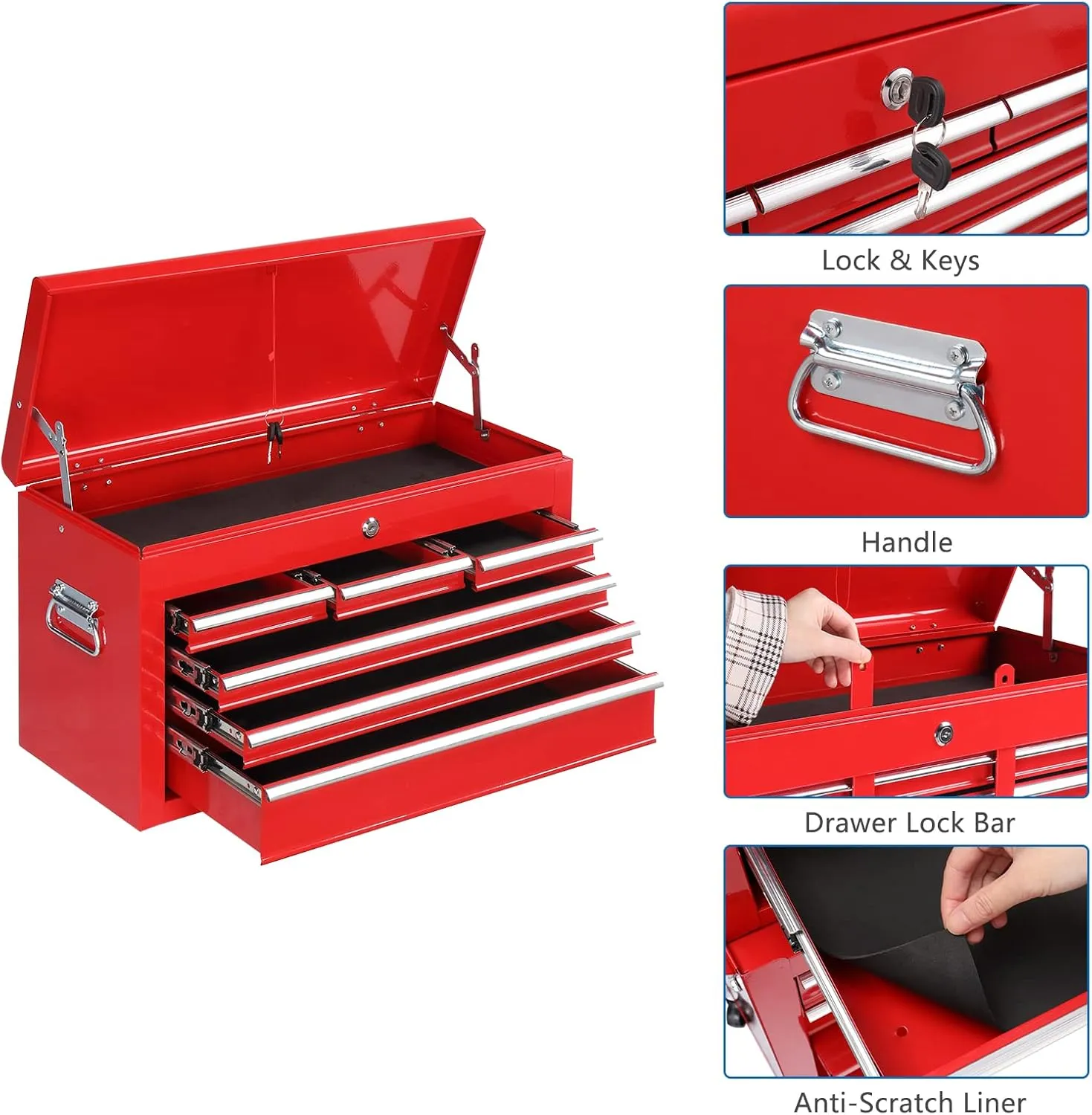 TUFFIOM 8-Drawer Rolling Tool Chest, Tool Storage Cabinet w/Lockable Wheels, Detachable Top, Drawers & Side Hooks, Mechanic Tool Organizer Box for Garage Warehouse Repair Shop