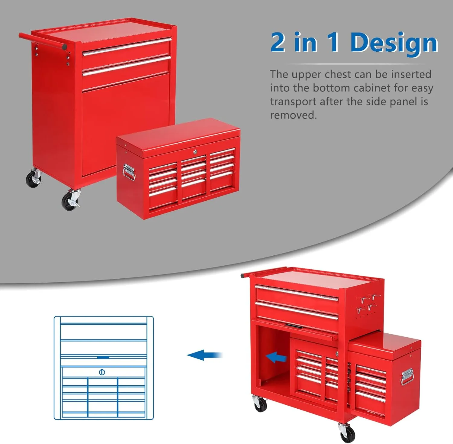 TUFFIOM 8-Drawer Rolling Tool Chest, Tool Storage Cabinet w/Lockable Wheels, Detachable Top, Drawers & Side Hooks, Mechanic Tool Organizer Box for Garage Warehouse Repair Shop