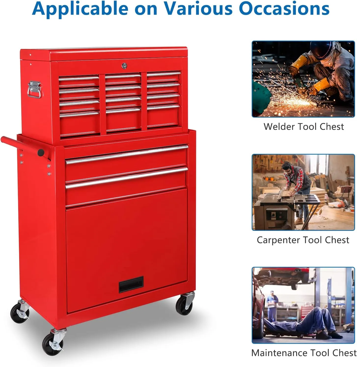TUFFIOM 8-Drawer Rolling Tool Chest, Tool Storage Cabinet w/Lockable Wheels, Detachable Top, Drawers & Side Hooks, Mechanic Tool Organizer Box for Garage Warehouse Repair Shop
